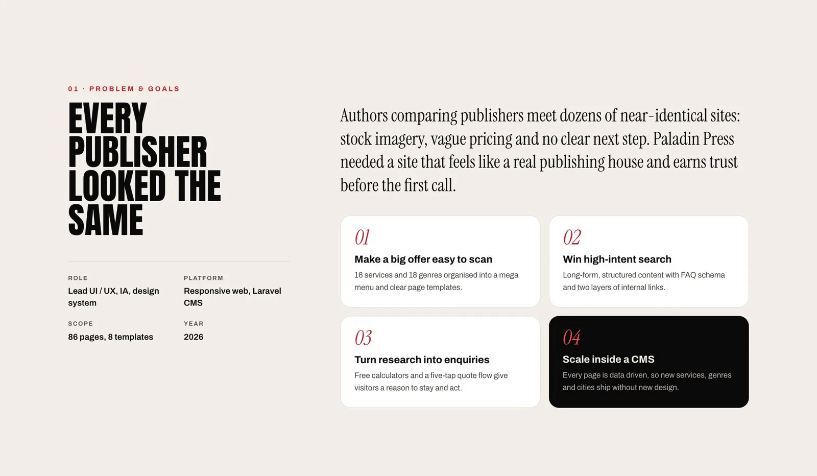 Paladin Press problem and goals: a mega menu for 16 services and 18 genres, SEO content, calculators and a CMS