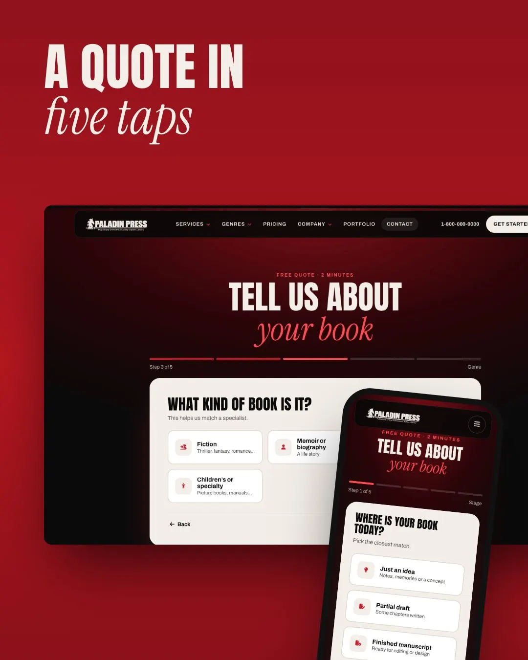 Paladin Press five-step quote flow on desktop and mobile: step 3 of 5 asks what kind of book it is