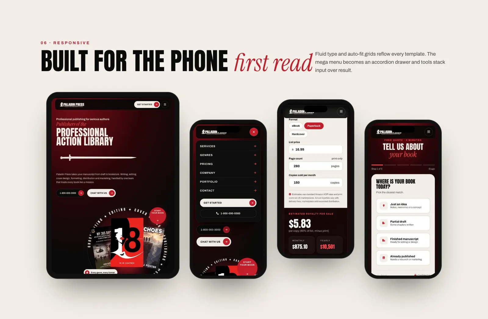 Paladin Press responsive design on a tablet and phones: homepage, accordion menu drawer, calculator and quote flow