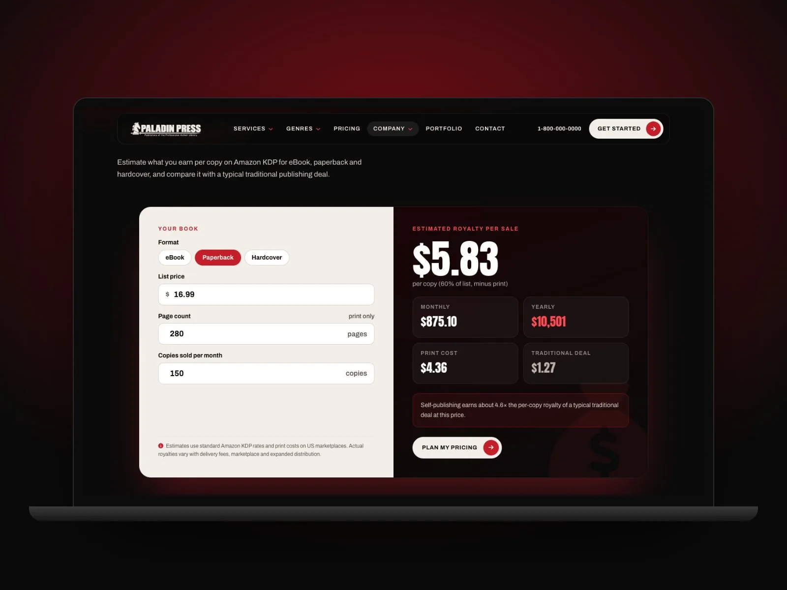 Paladin Press royalty calculator comparing self-publishing earnings with a traditional publishing deal
