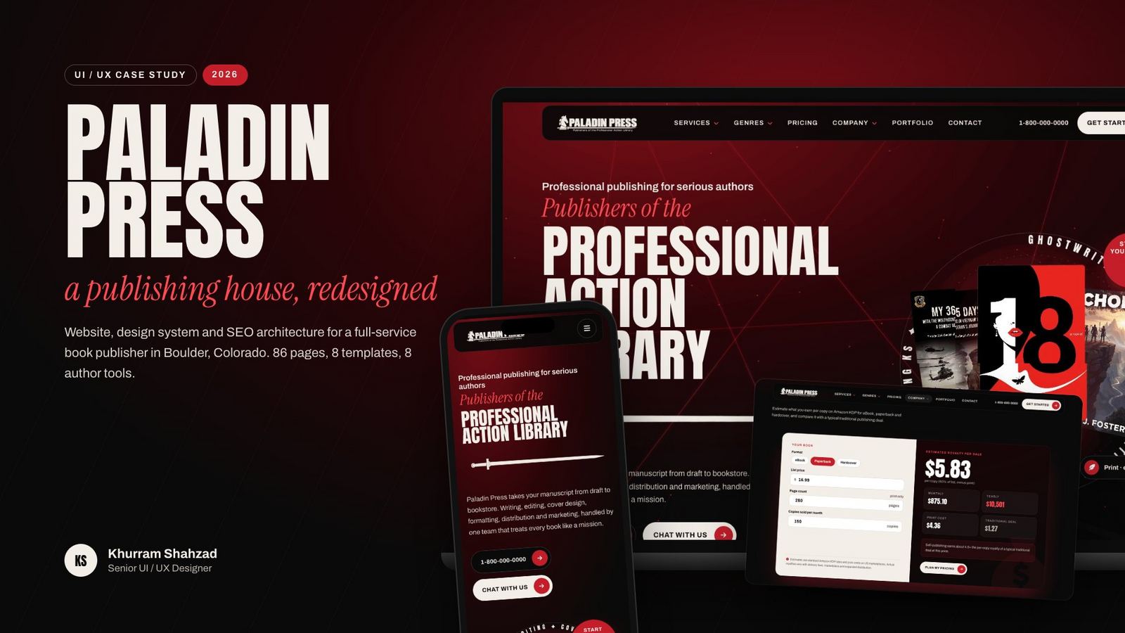Paladin Press UI/UX case study: a publishing website redesign shown on desktop, tablet and phone