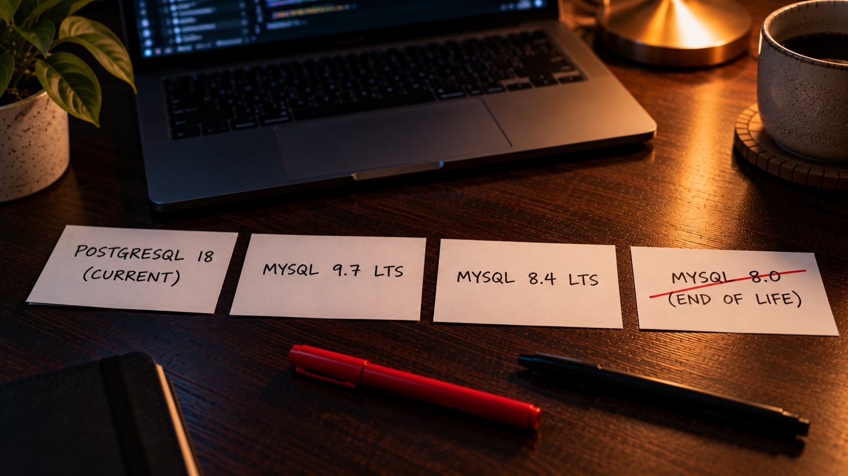 Index cards listing PostgreSQL 18, MySQL 9.7 LTS and MySQL 8.4 LTS, with MySQL 8.0 crossed out as end of life