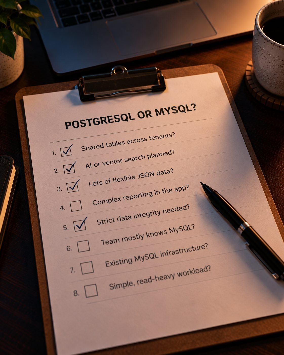 Eight-question checklist for choosing between PostgreSQL and MySQL for a SaaS