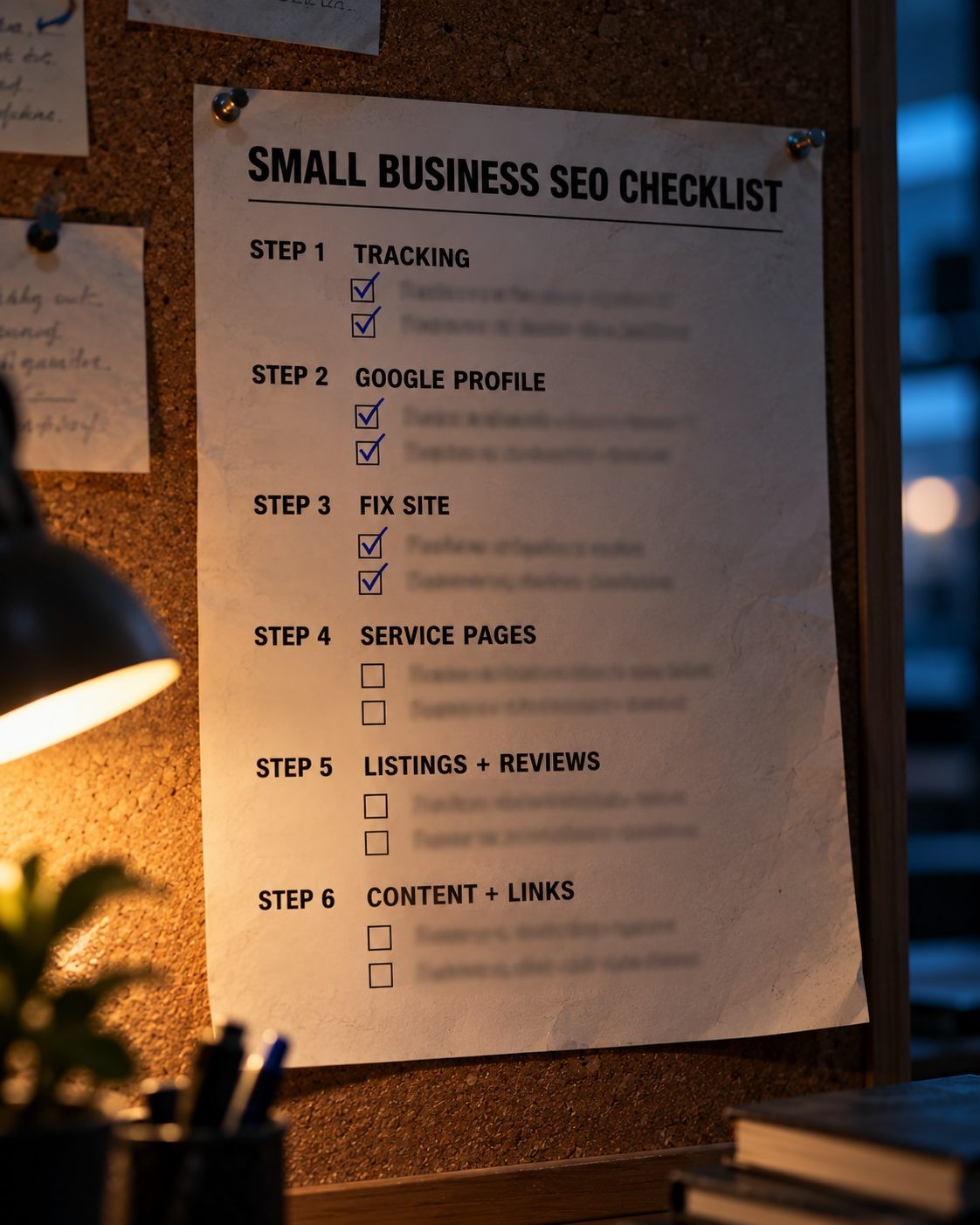 Printed small business SEO checklist pinned to a corkboard, grouped into six steps with some boxes ticked Printed small business SEO checklist pinned to a corkboard, grouped into six steps with some boxes ticked