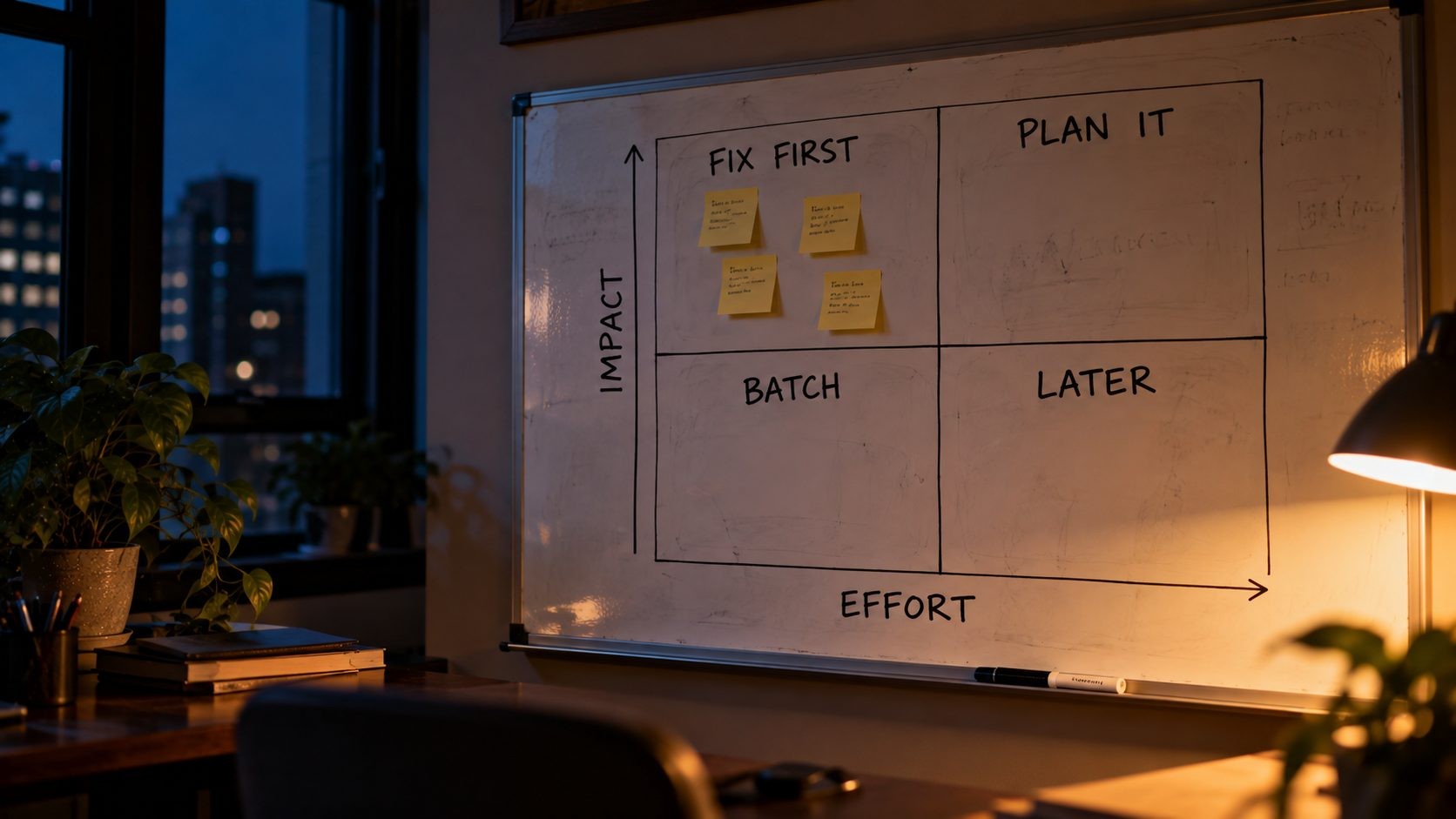 Whiteboard impact vs effort matrix for prioritizing technical SEO fixes
