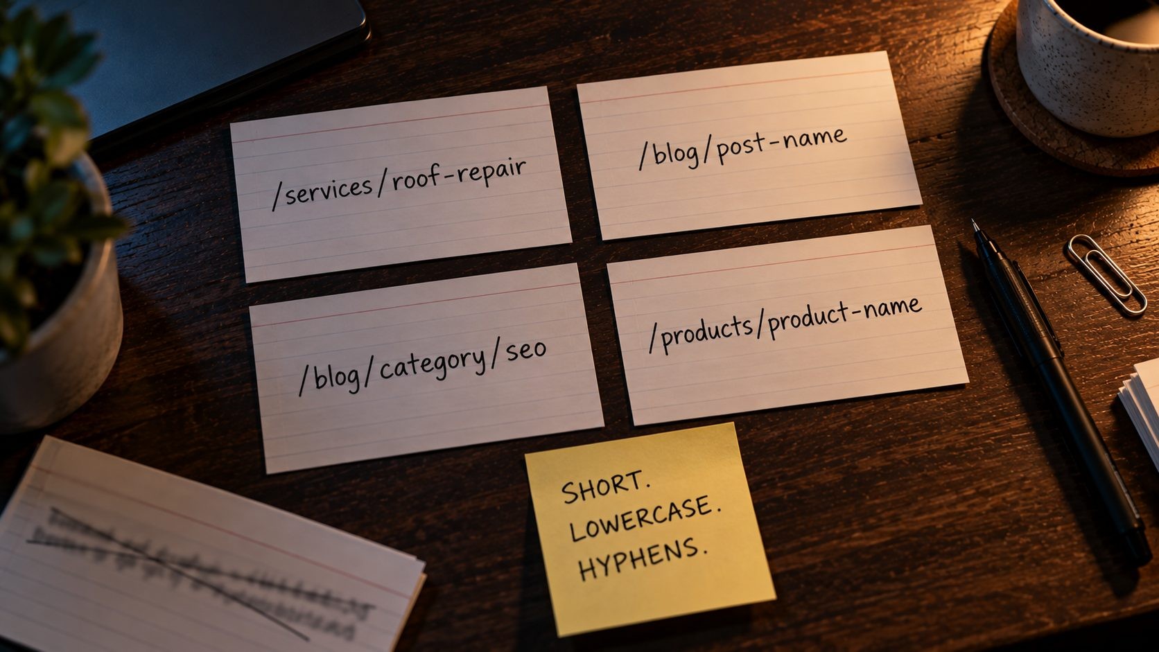 Index cards showing clean URL patterns for services, blog posts and categories