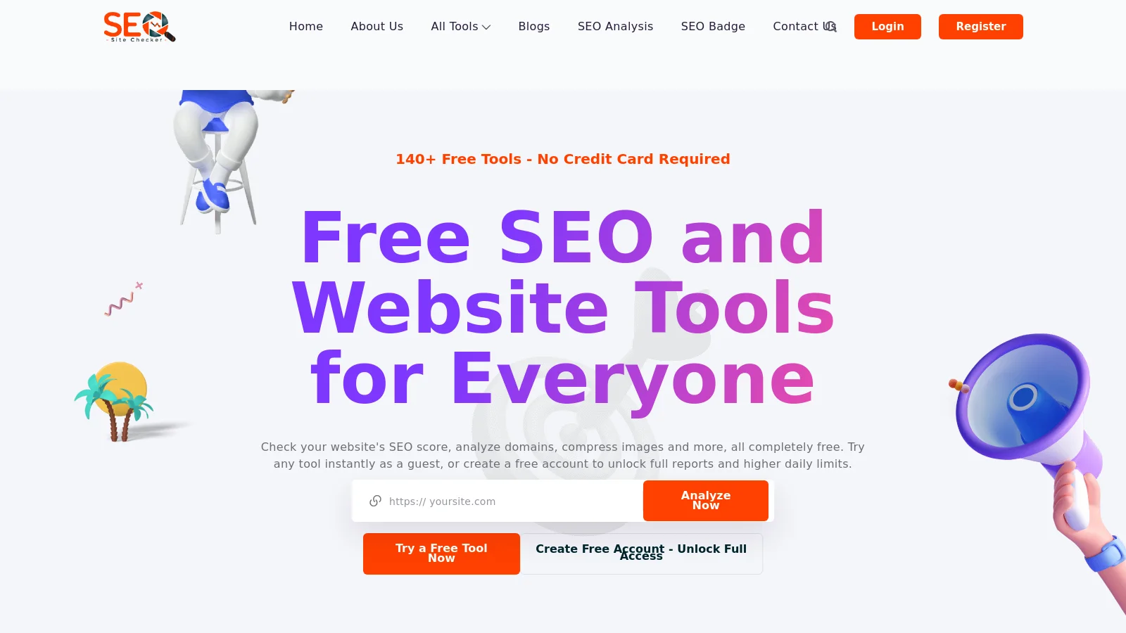 SEO Site Checker homepage: free SEO and website tools