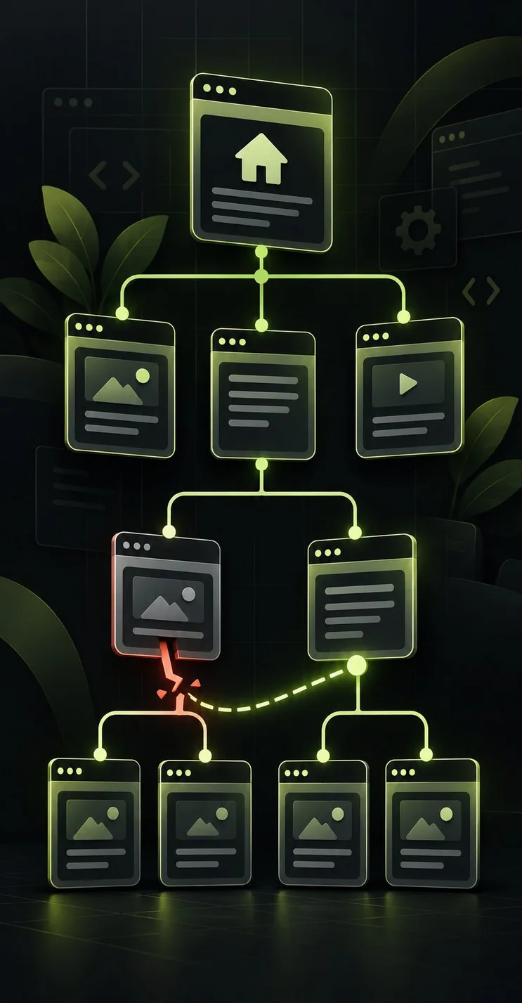 Website page structure with one broken link being repaired