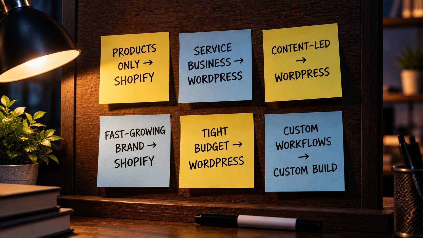 Sticky notes showing whether six types of small business should choose Shopify, WordPress or a custom build