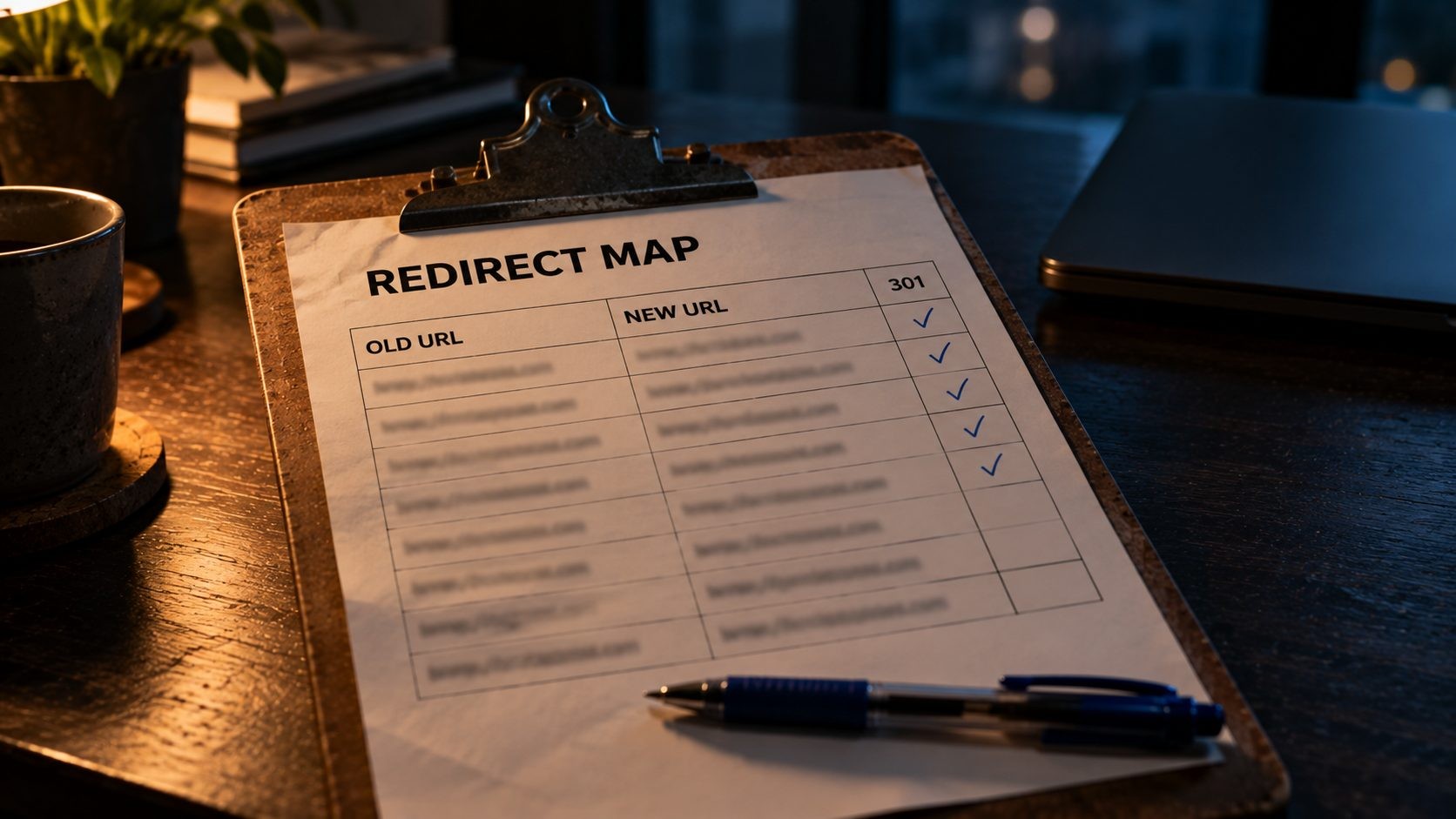 Printed redirect map with old and new URL columns on a clipboard, some rows ticked