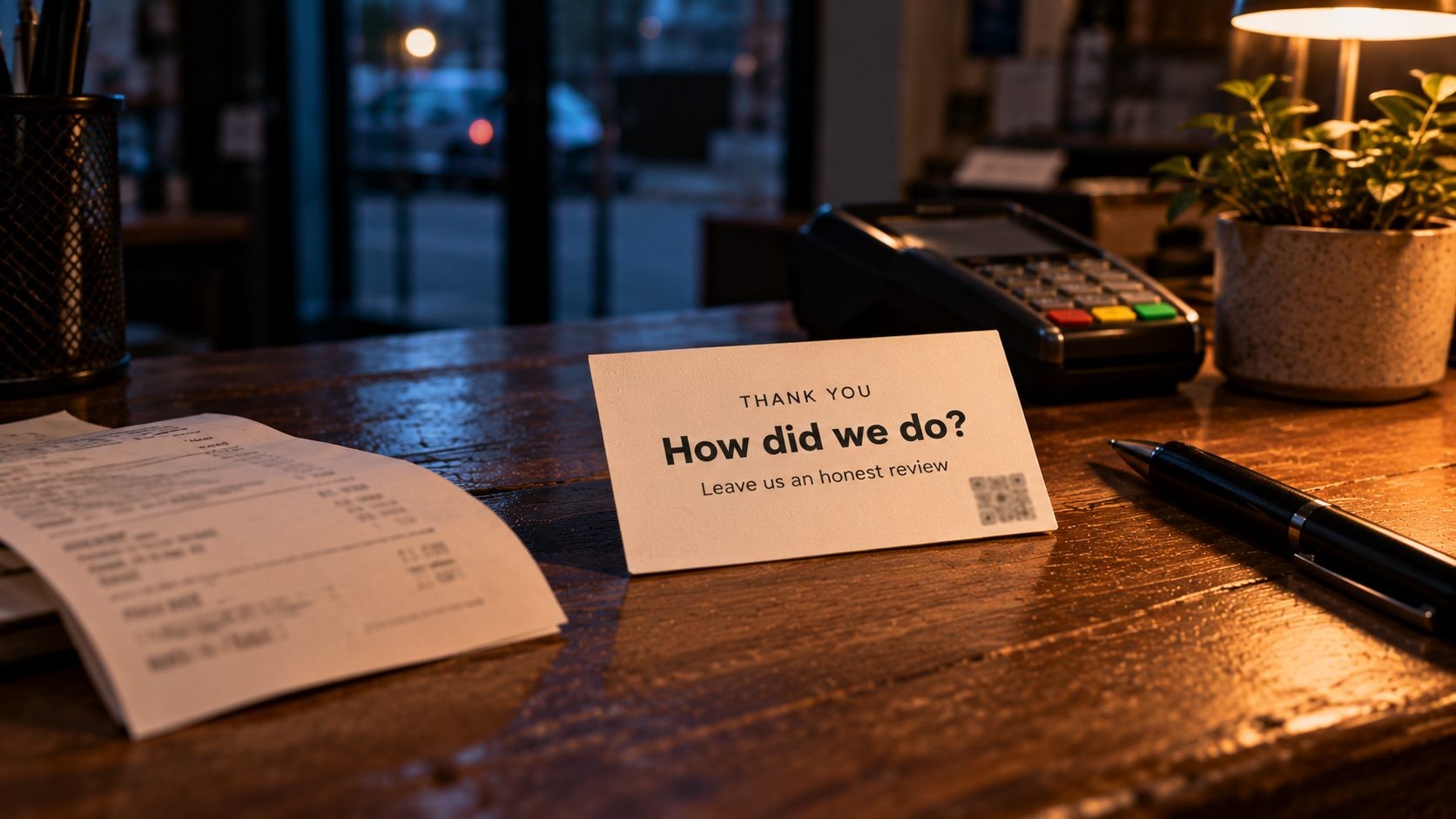 Printed review request card beside a receipt on a shop counter, asking customers for an honest review Printed review request card beside a receipt on a shop counter, asking customers for an honest review