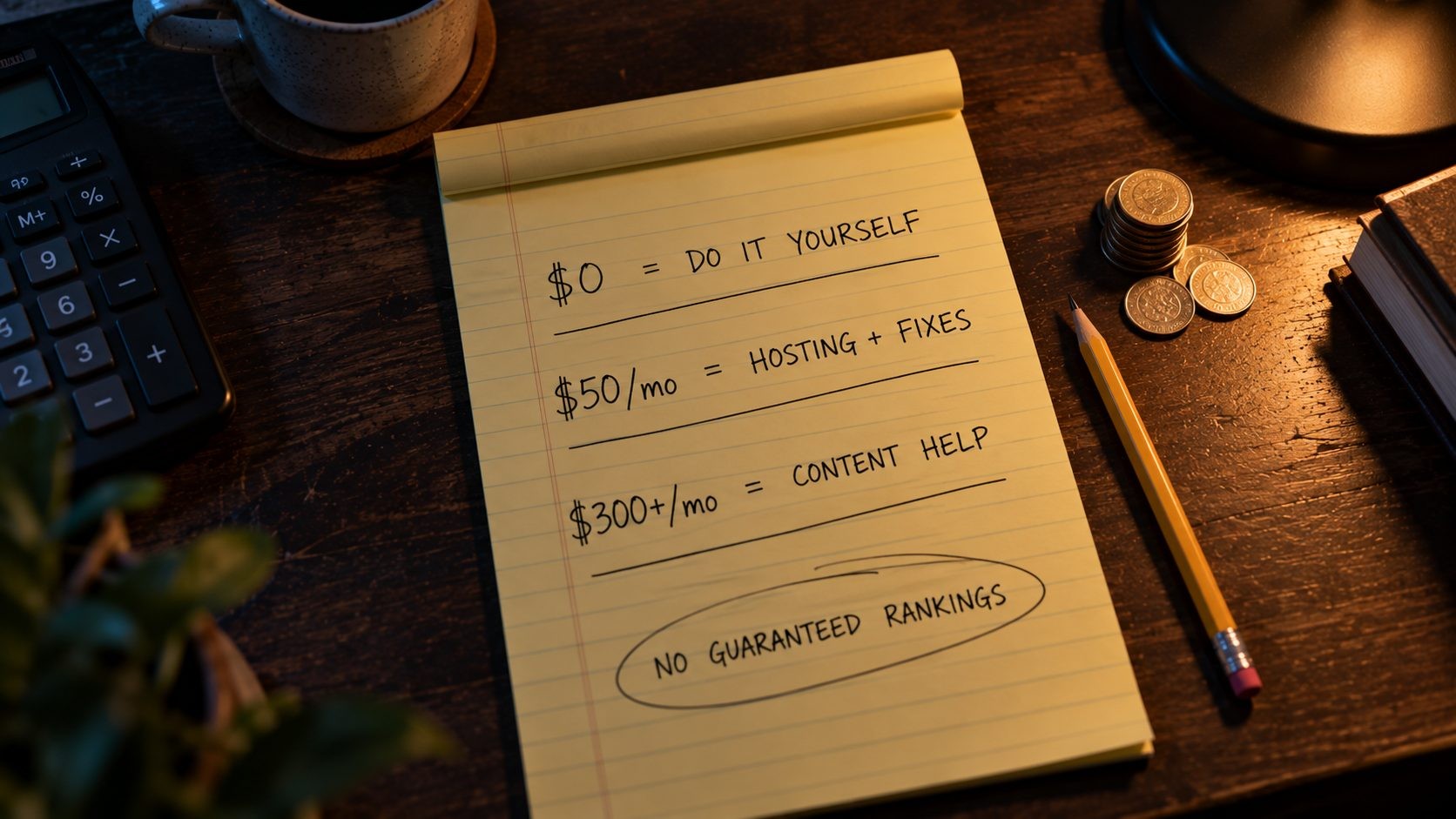 Notepad listing three small business SEO budget tiers: $0, about $50 a month and $300 or more a month Notepad listing three small business SEO budget tiers: $0, about $50 a month and $300 or more a month