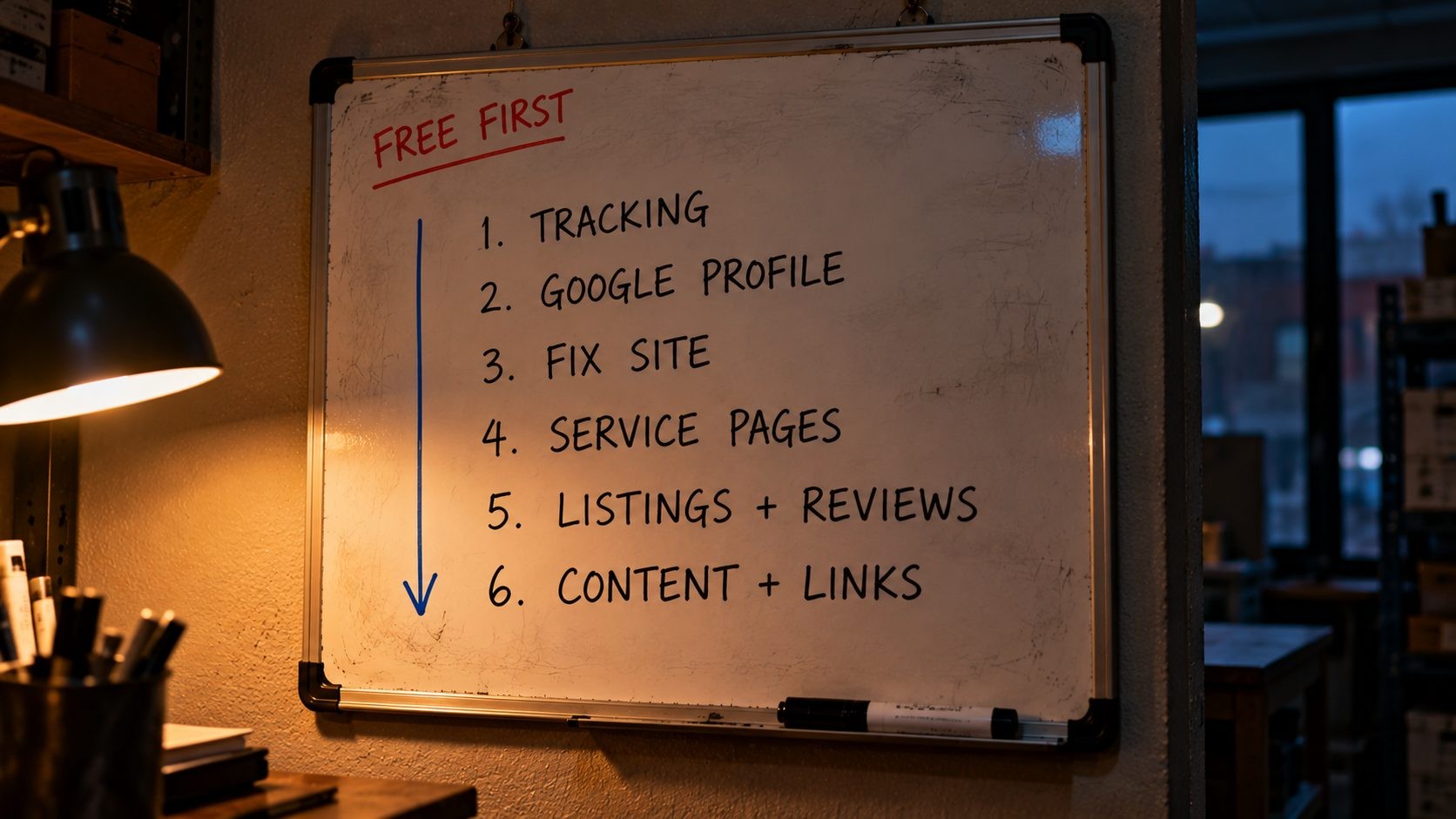 Whiteboard showing a six-step small business SEO plan from tracking to content and links Whiteboard showing a six-step small business SEO plan from tracking to content and links