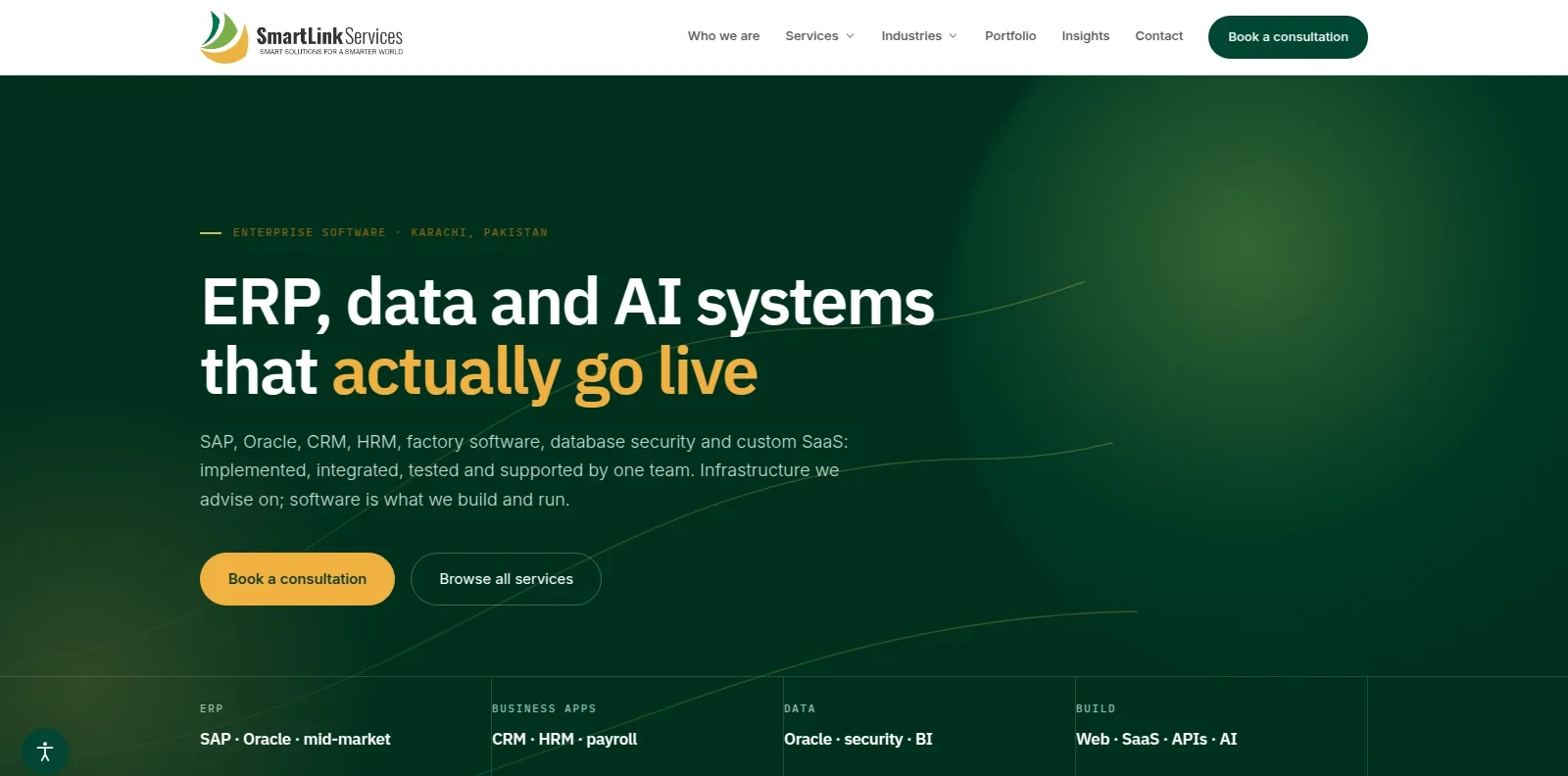 SmartLink Services homepage: ERP, data and AI systems that actually go live