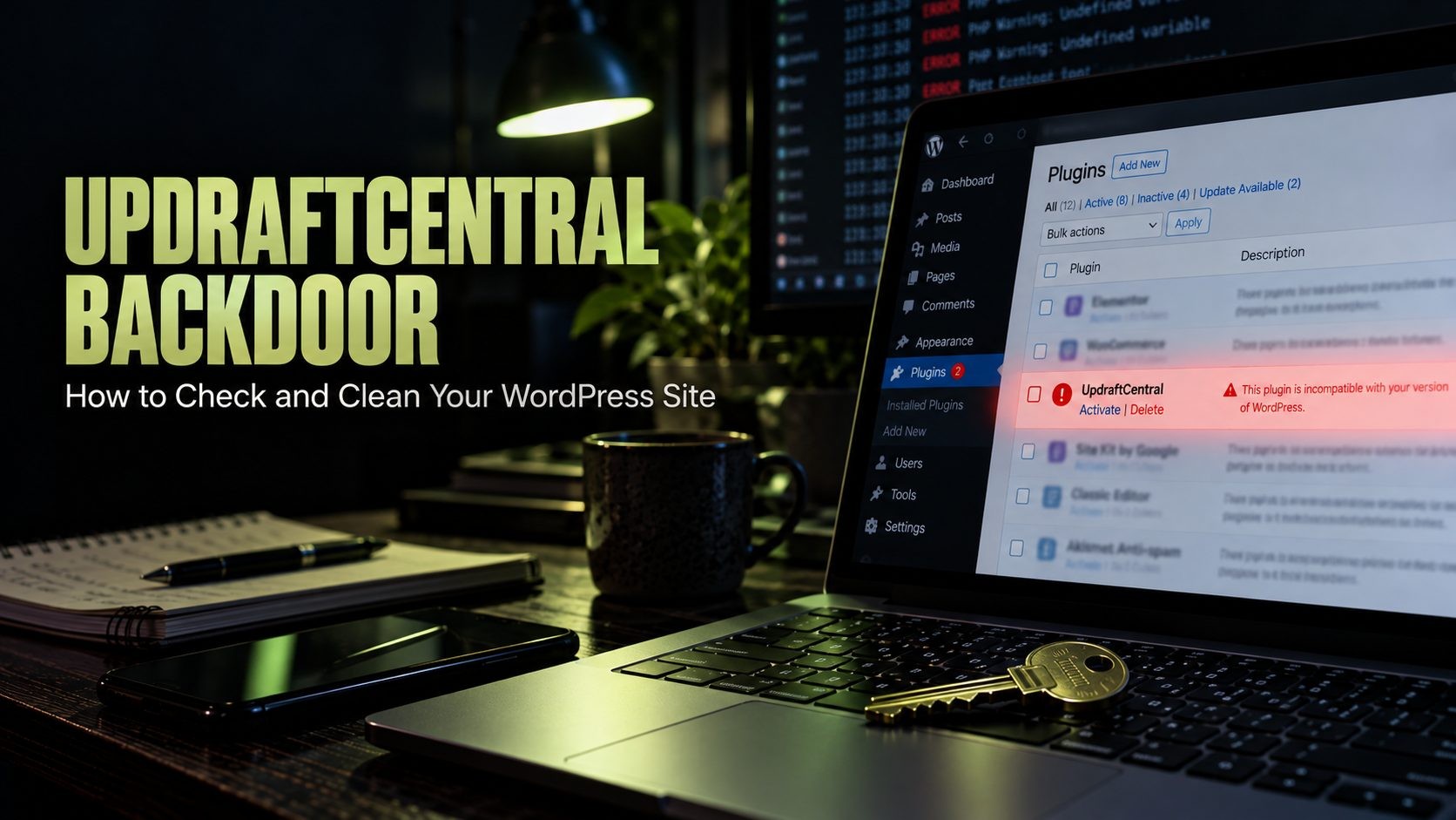UpdraftCentral backdoor plugin installed on a WordPress dashboard
