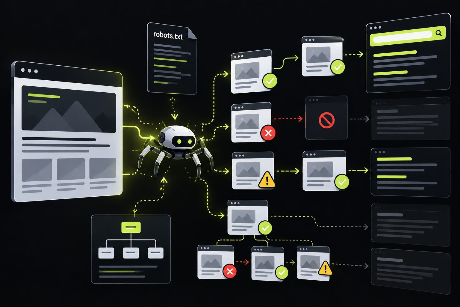 Website crawling and indexing diagram showing pages connected to a search engine crawler.