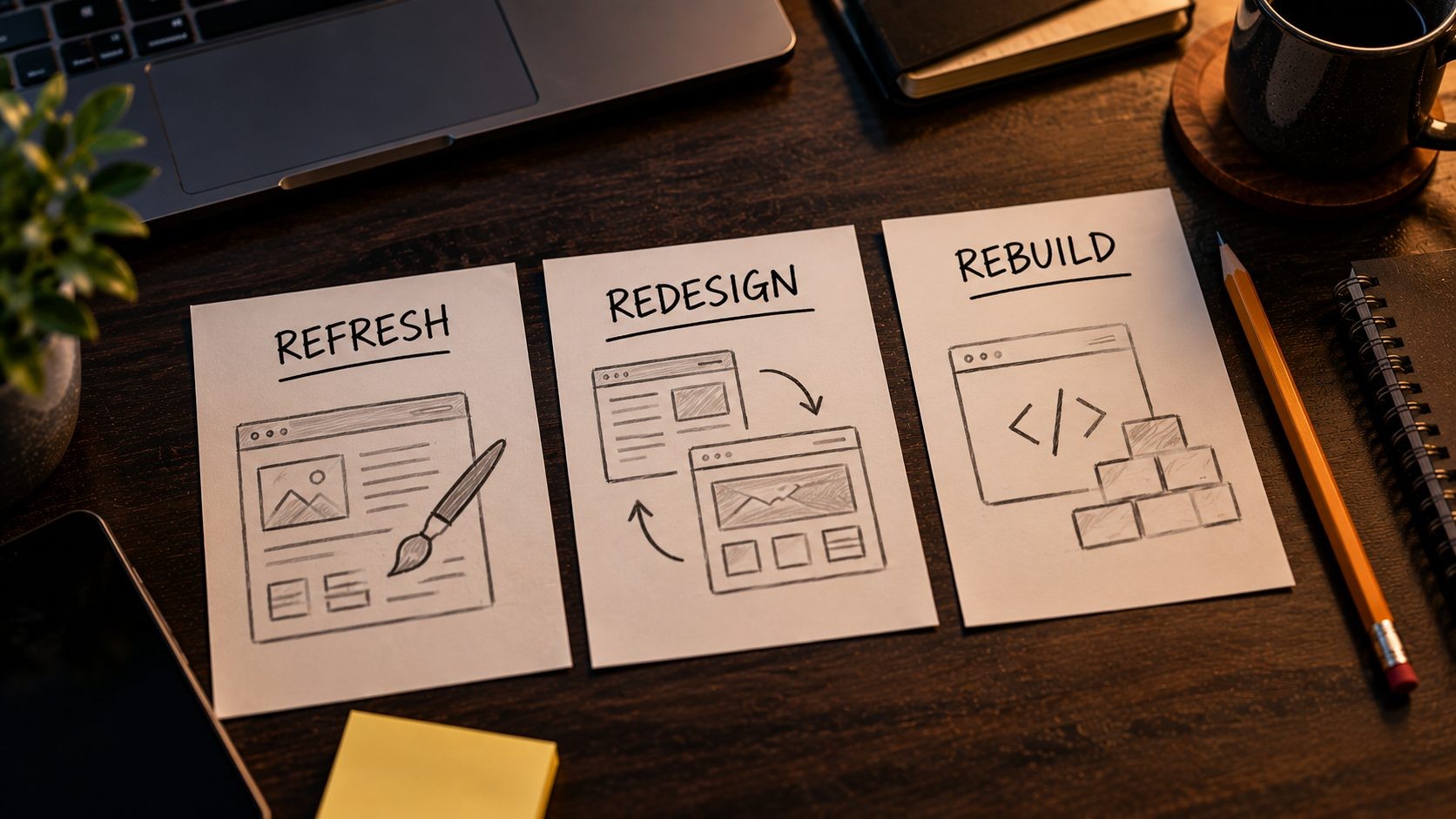 Index cards comparing a website refresh, a website redesign and a website rebuild