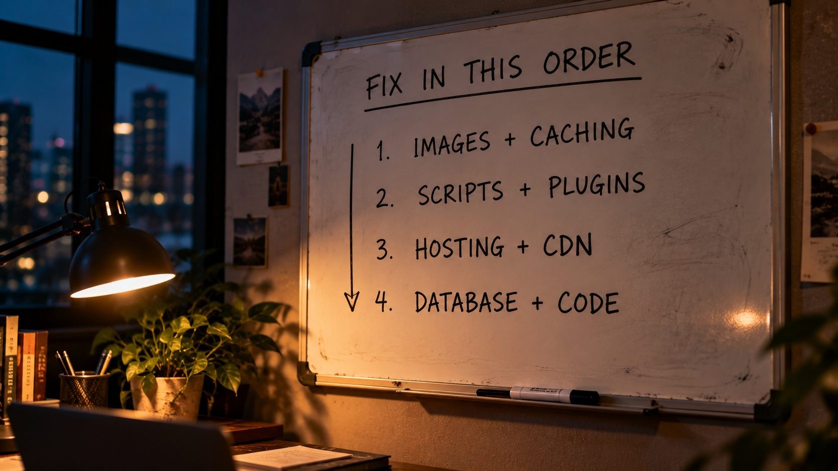 Whiteboard showing the order to fix a slow website: images and caching, scripts and plugins, hosting and CDN, then database and code