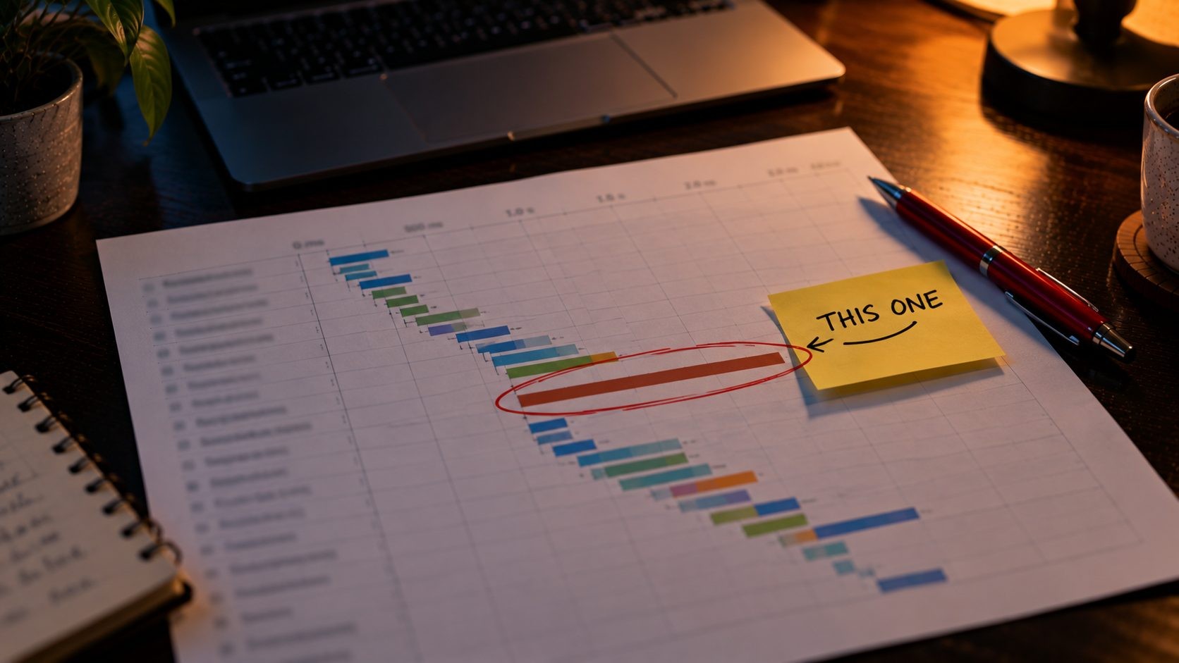 Printed waterfall chart with the slowest file circled in red