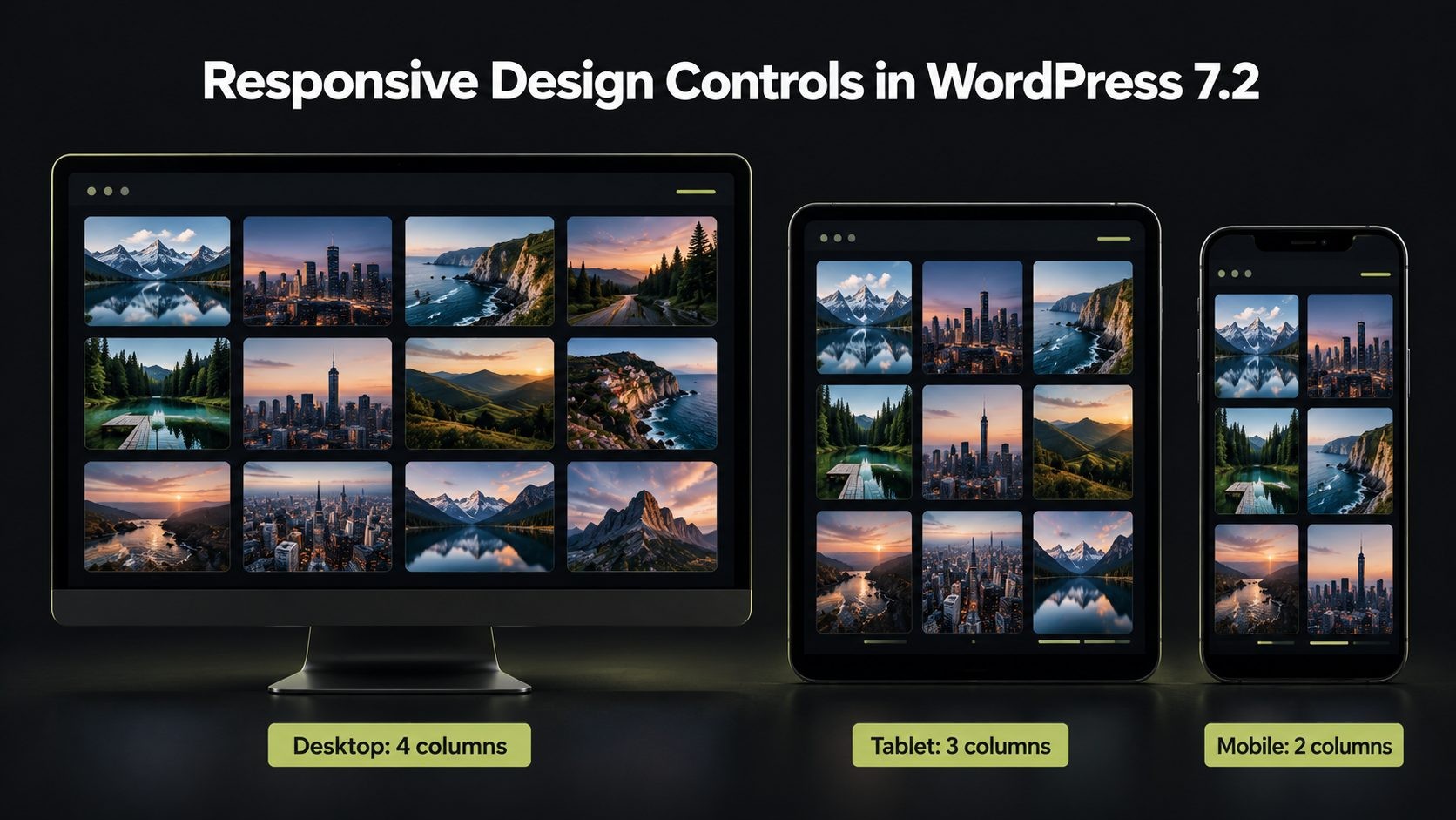 WordPress 7.2 responsive gallery shown on desktop, tablet and mobile