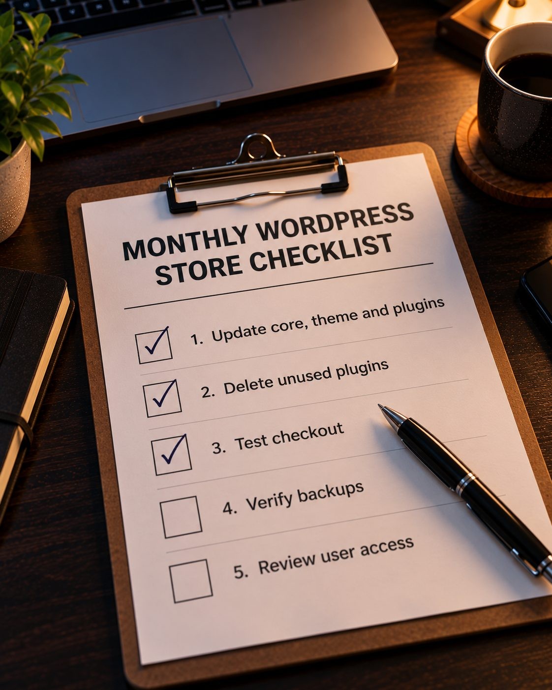 Five-step monthly maintenance checklist for a WordPress WooCommerce store