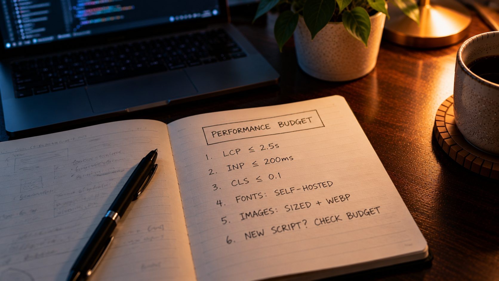 Notebook page listing a WordPress theme performance budget with Core Web Vitals targets Notebook page listing a WordPress theme performance budget with Core Web Vitals targets