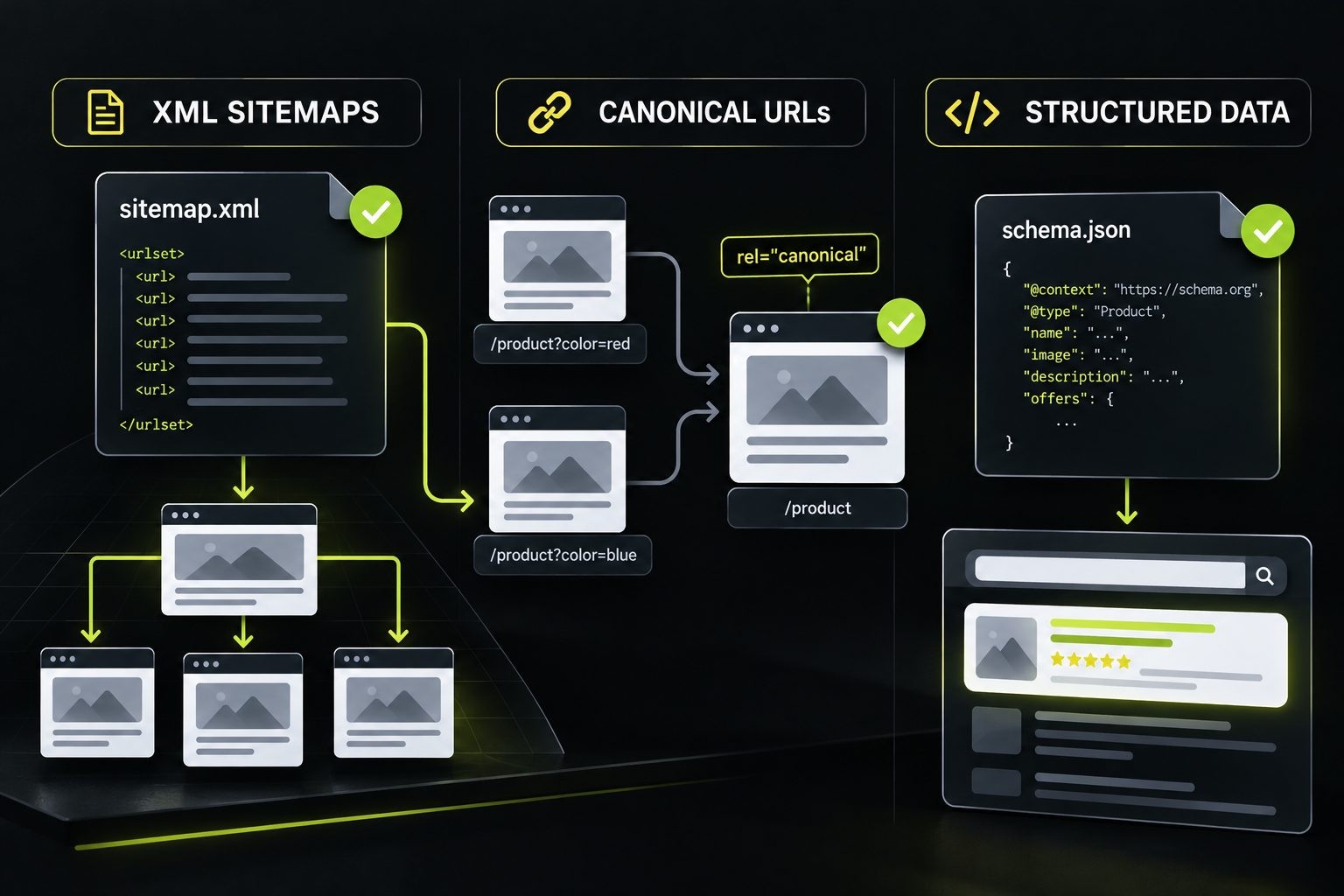Technical SEO illustration showing an XML sitemap, structured data, and connected website pages.